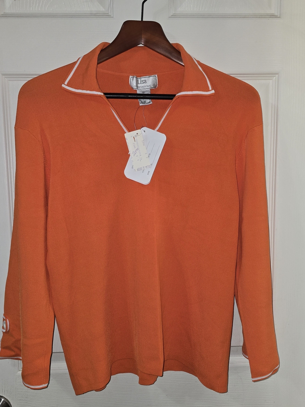 Vintage Lisa International Orange Knit Sweater Top White Trim Women's XL NWT